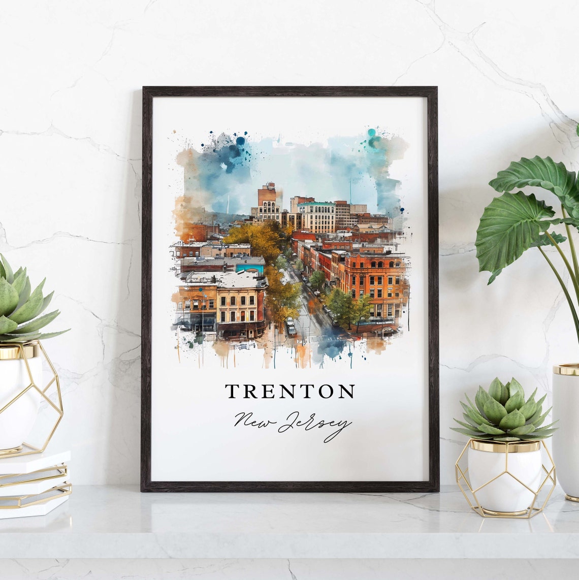Trenton New Jersey Watercolor Downtown Rooftops Skyline Poster - Image 3