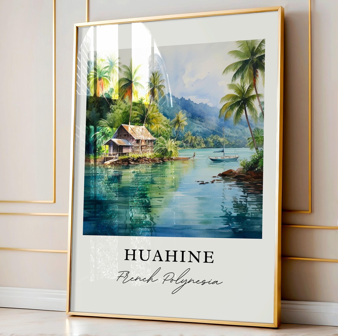 Huahine French Polynesia Watercolor Island Lagoon Sailboat Art Poster - Image 4