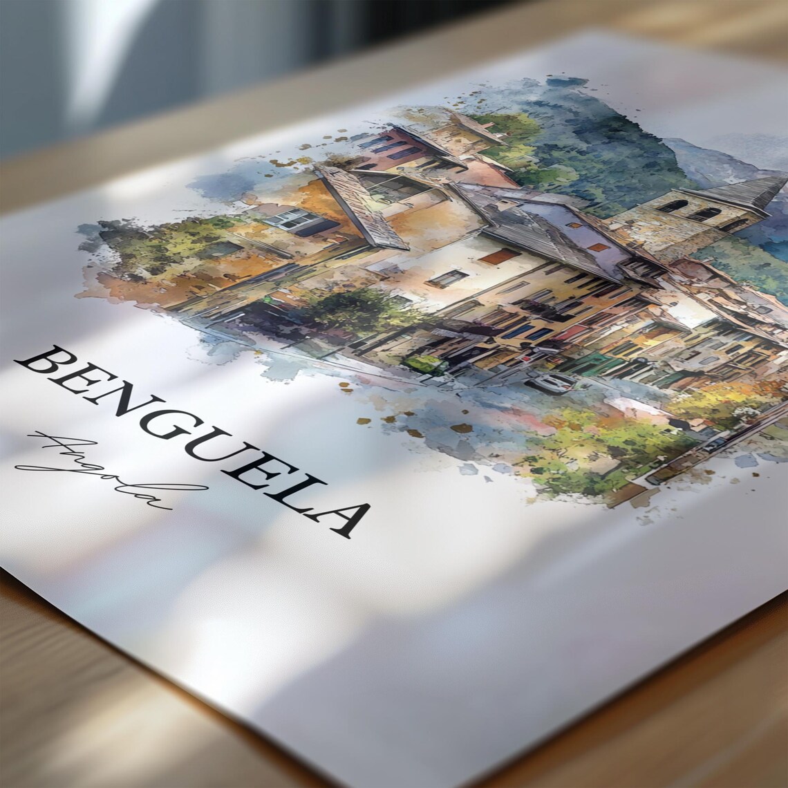 Benguela Angola Watercolor Alpine Village Street Travel Poster - Image 6