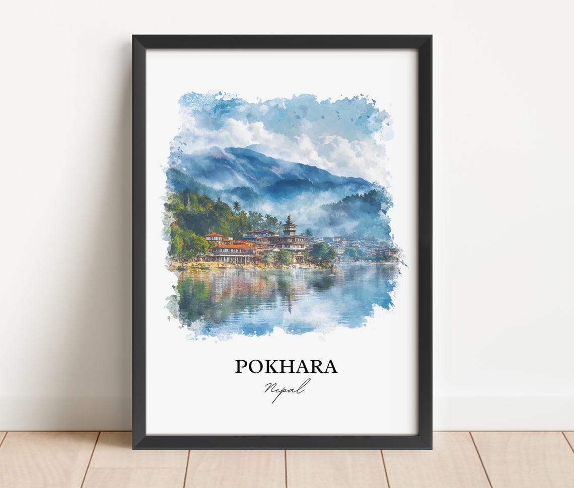 Pokhara Nepal Watercolor Lakeside Temple Mountain View Poster - Image 2