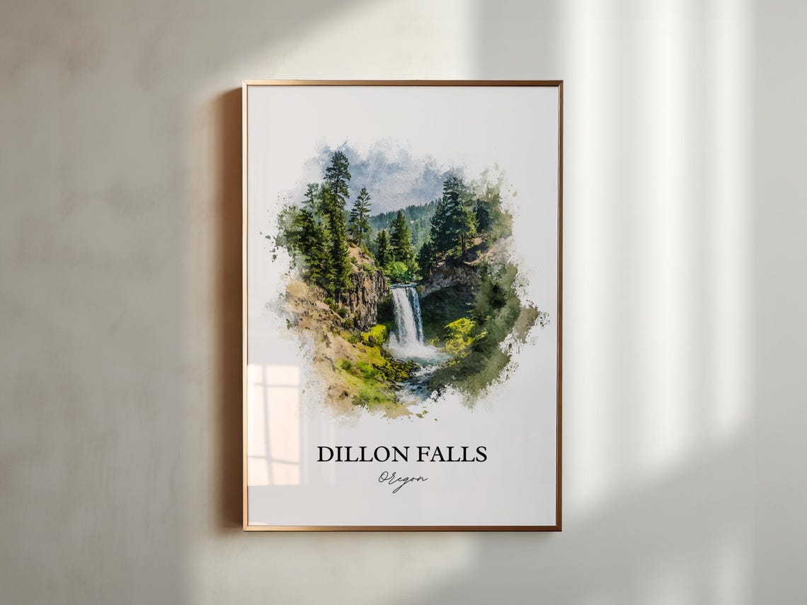 Dillon Falls Oregon Forest Waterfall Watercolor Nature Poster - Image 3