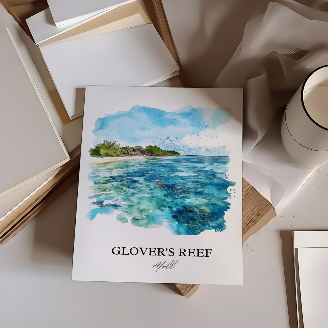 Glovers Reef Atoll Belize Turquoise Ocean Watercolor Scene Poster - Image 3