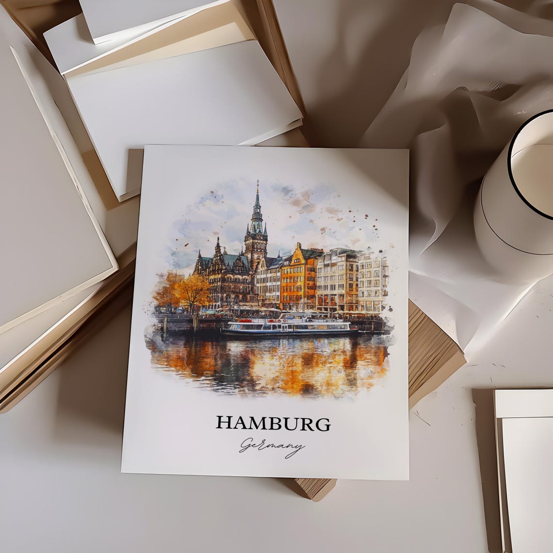 Hamburg Germany Watercolor City Hall Waterfront Boat Reflection Poster - Image 4