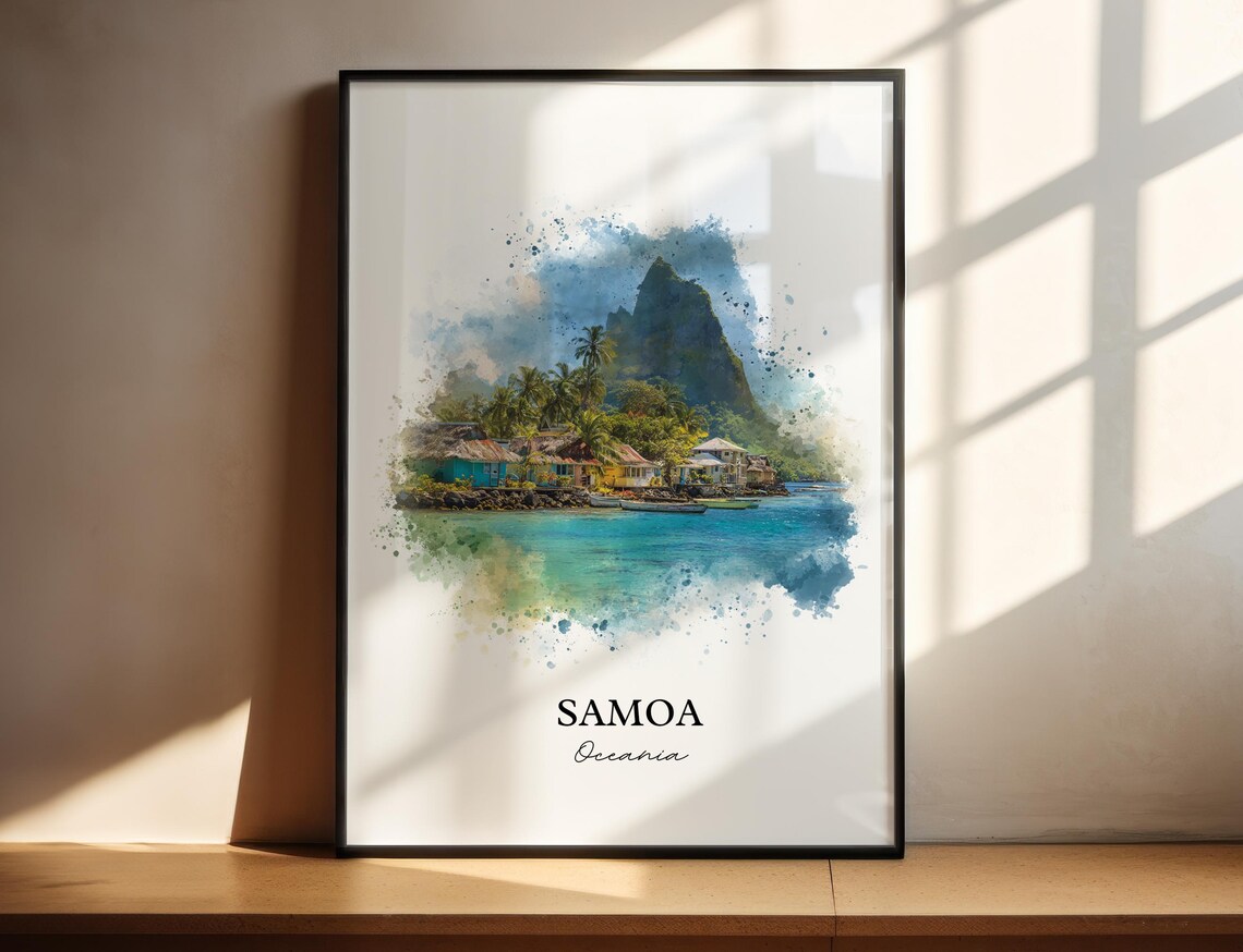 Samoa Oceania Village Palm Trees Mountain Watercolor Art Poster