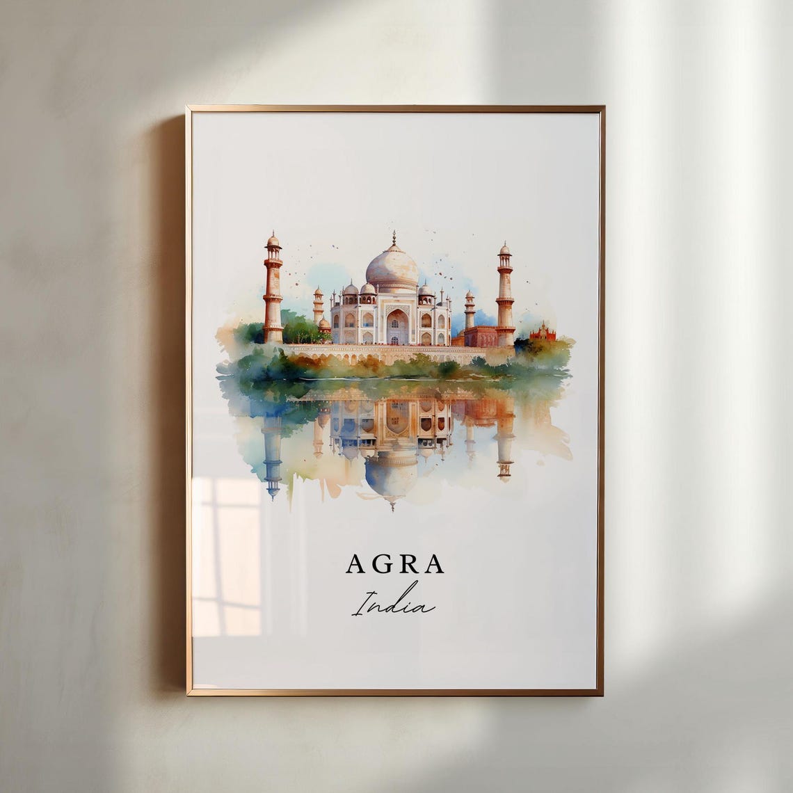 Agra India Watercolor Taj Mahal Reflection Landmark Travel Gift Poster