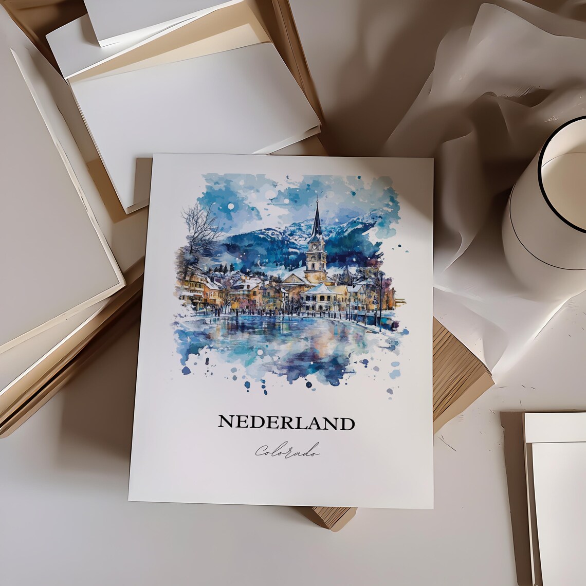 Nederland Colorado Winter Town Snowy Watercolor Scene Travel Poster - Image 4