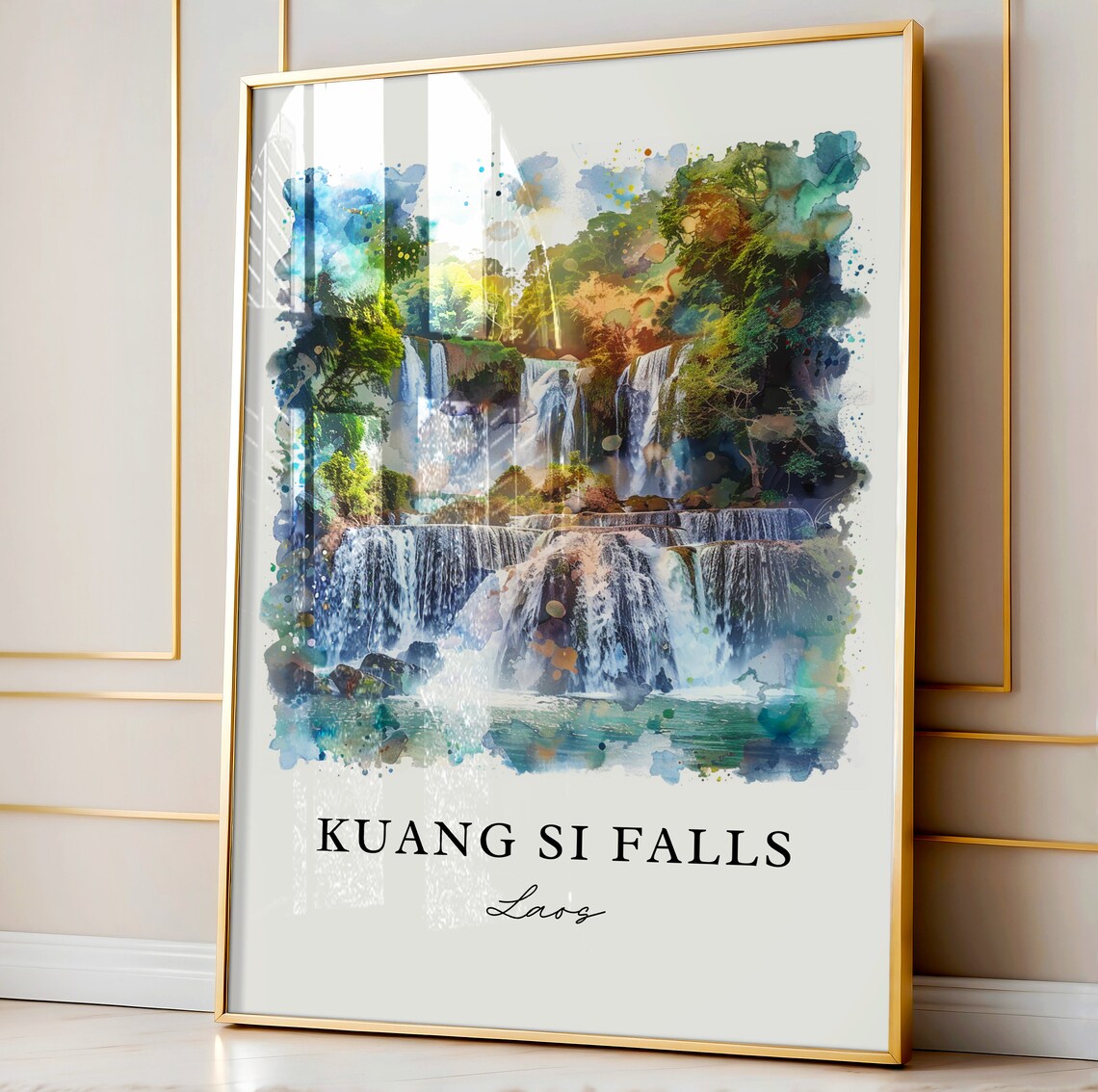 Kuang Si Falls Laos Jungle Waterfalls Watercolor Nature Travel Poster - Image 4