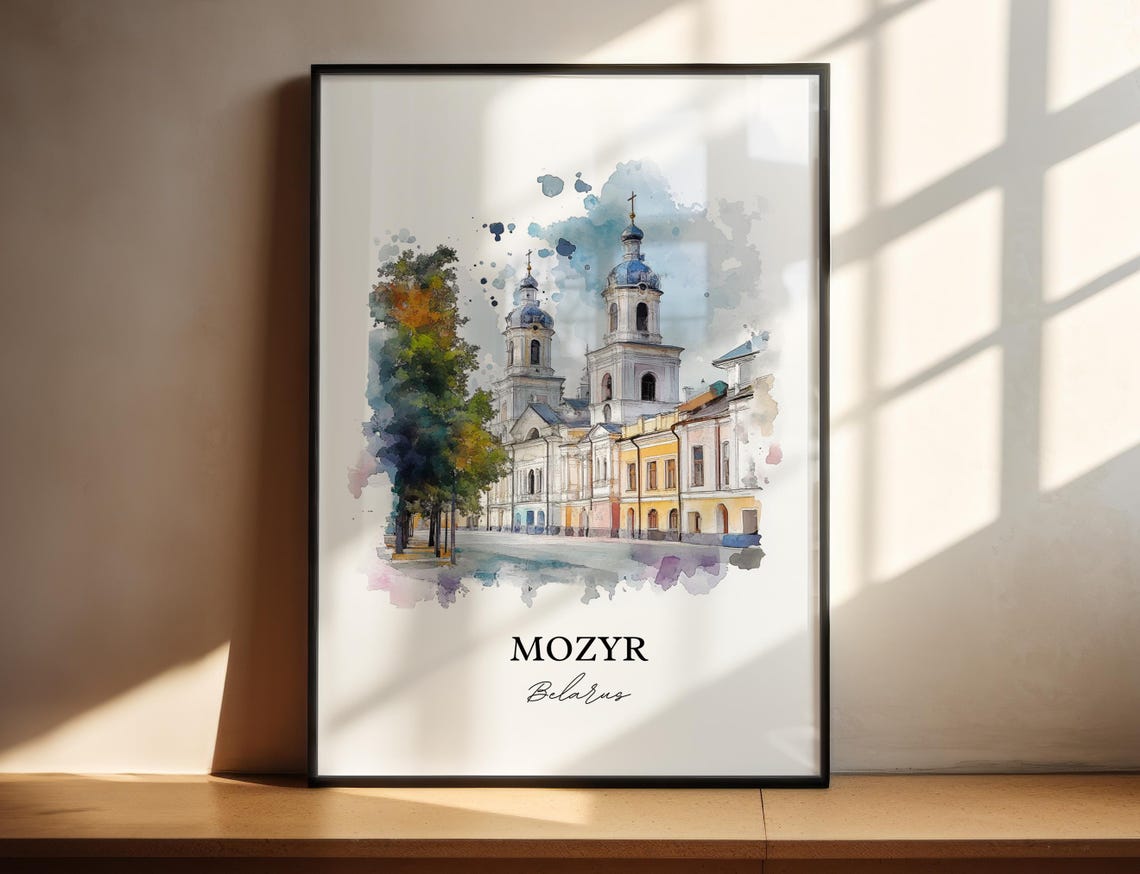 Mozyr Belarus Domed Church Over the Old Town Watercolor Poster