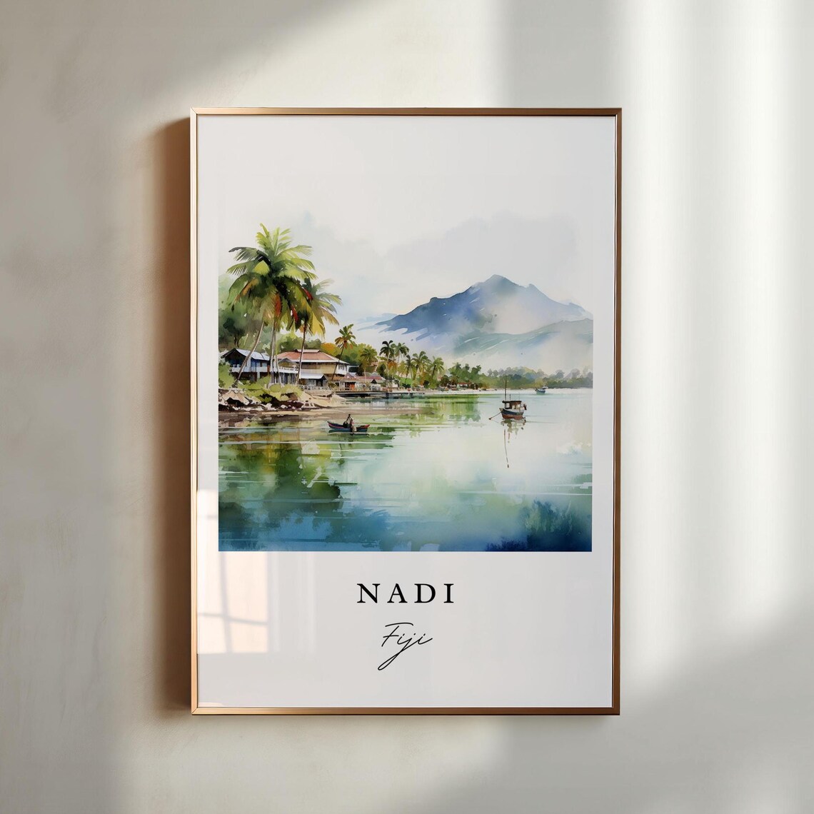 Nadi Fiji Watercolor Coastal Village Tropical Island Travel Poster
