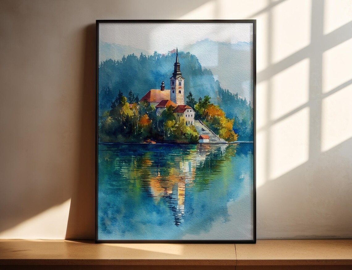 Lake Bled Slovenia Island Church Watercolor Lake Reflection Poster