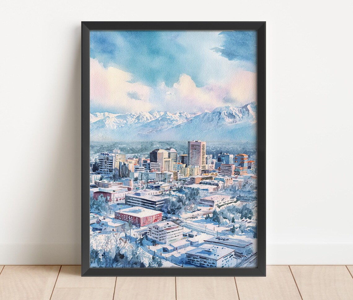 Anchorage Alaska City Watercolor Poster Snowy Downtown Mountain View Art