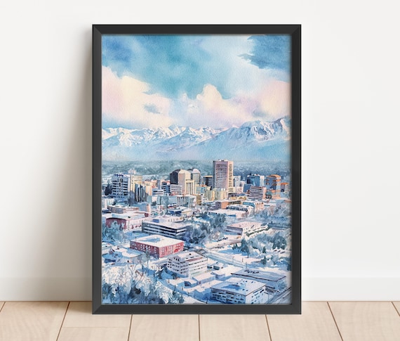 Anchorage Alaska City Watercolor Poster Snowy Downtown Mountain View Art