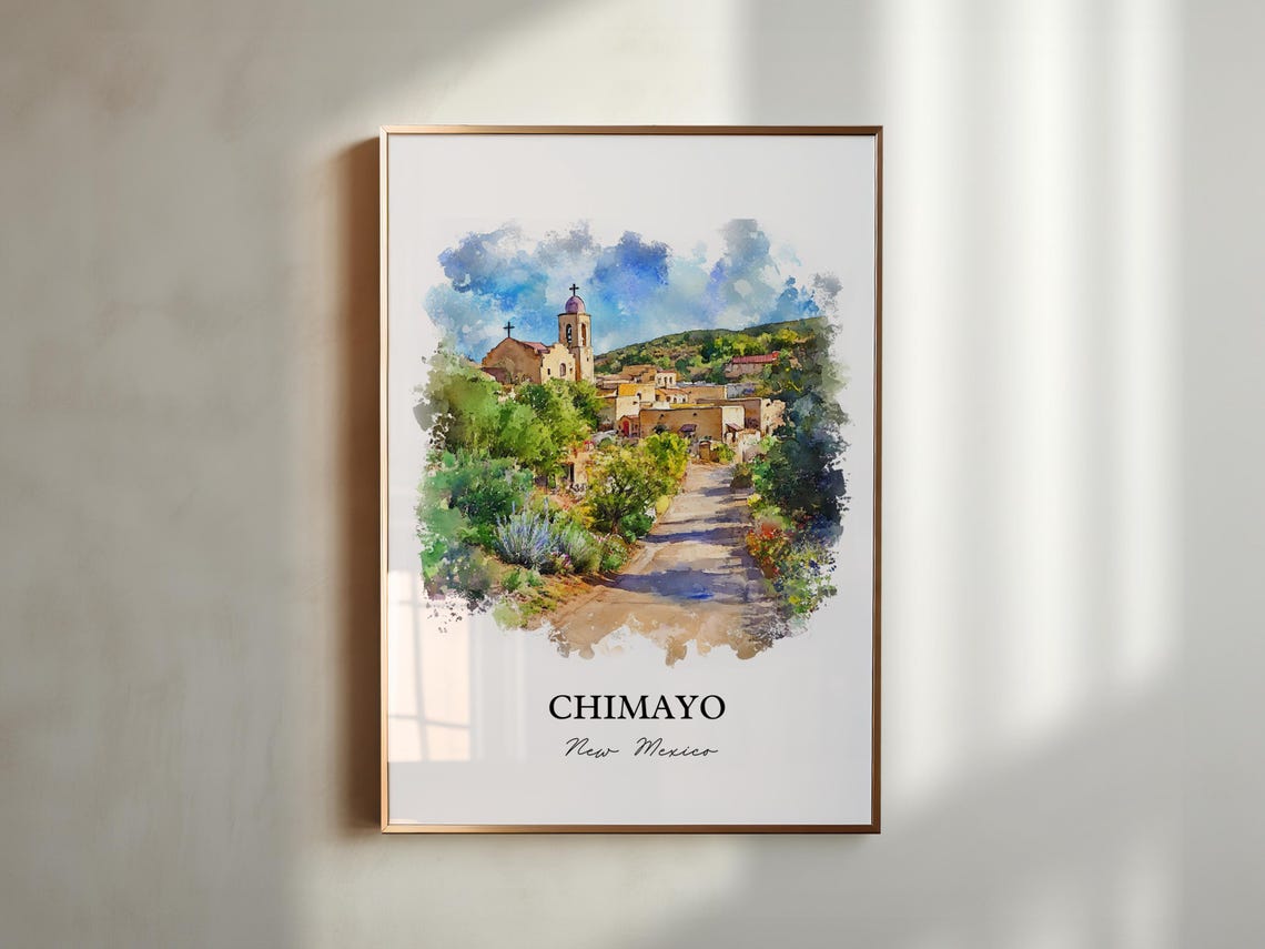 Chimayo New Mexico Adobe Church Village Path Watercolor Travel Poster - Image 5