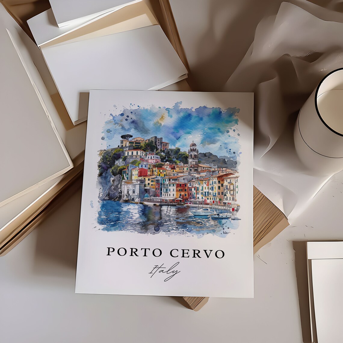 Porto Cervo Italy Coastal Town Watercolor Minimalist Travel Poster - Image 6