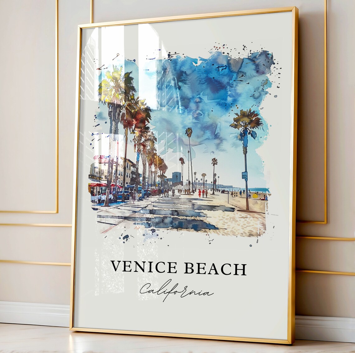 Venice Beach California Watercolor Boardwalk Palm Trees Scene Poster - Image 4