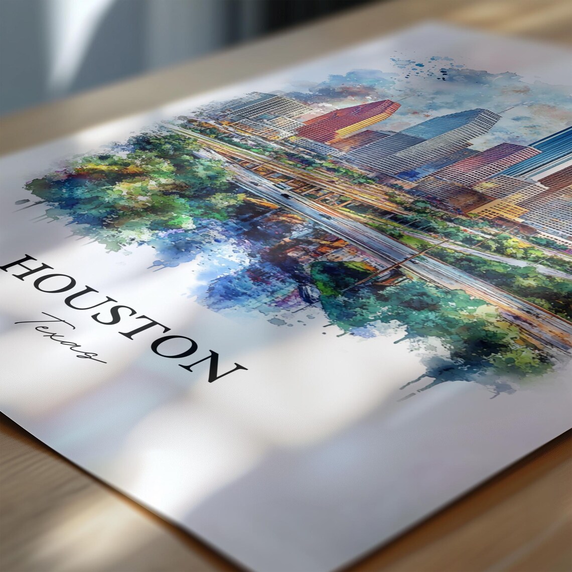 Houston Texas Downtown Skyline Watercolor Urban Travel Poster - Image 6
