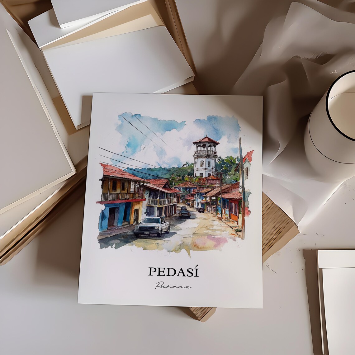 Pedasi Panama Colorful Street Bell Tower Colonial Watercolor Poster - Image 2
