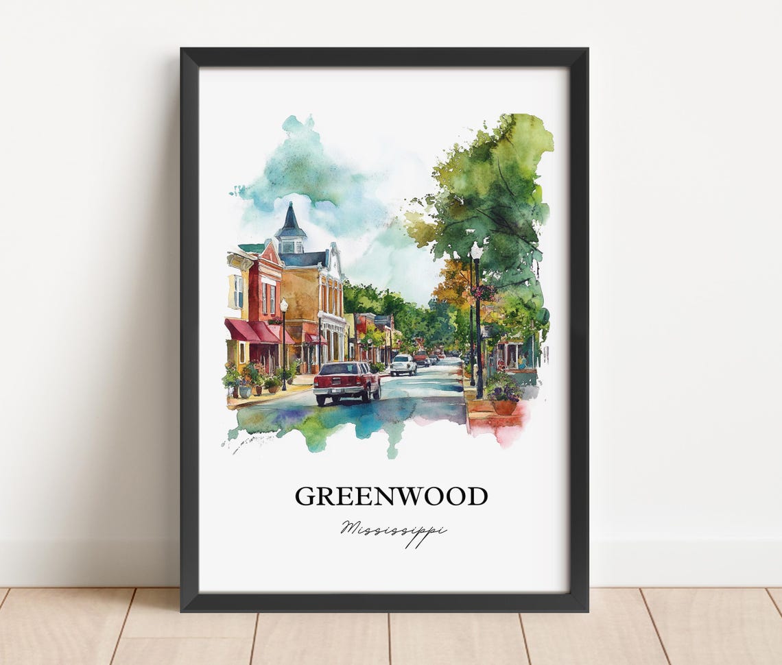 Greenwood Mississippi Main Street Historic Shops Watercolor Poster