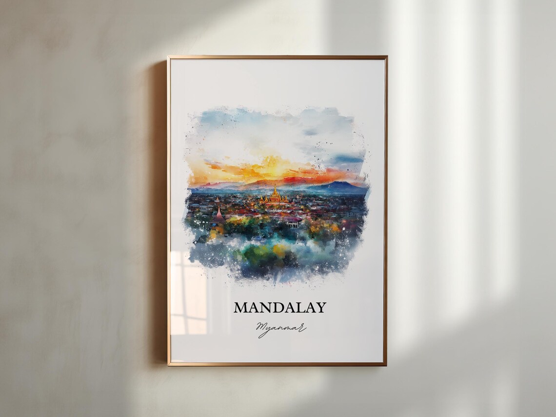 Mandalay Myanmar Watercolor Sunset Golden Temple City Poster - Image 4