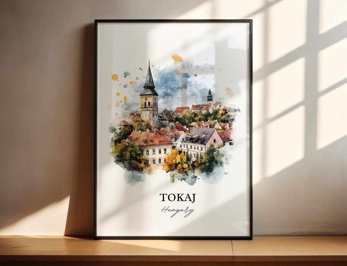 Tokaj Hungary Watercolor Church Tower Hillside Town View Poster