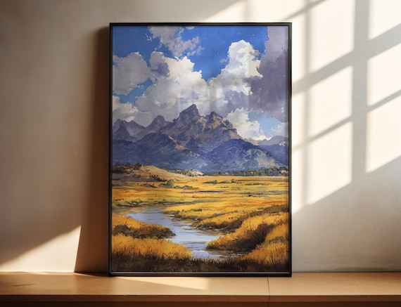 Jackson Hole Wyoming Teton Mountains Meadow Stream Watercolor Poster