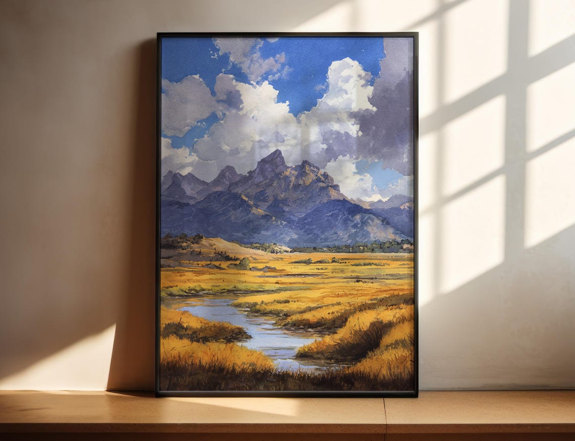 Jackson Hole Wyoming Teton Mountains Meadow Stream Watercolor Poster