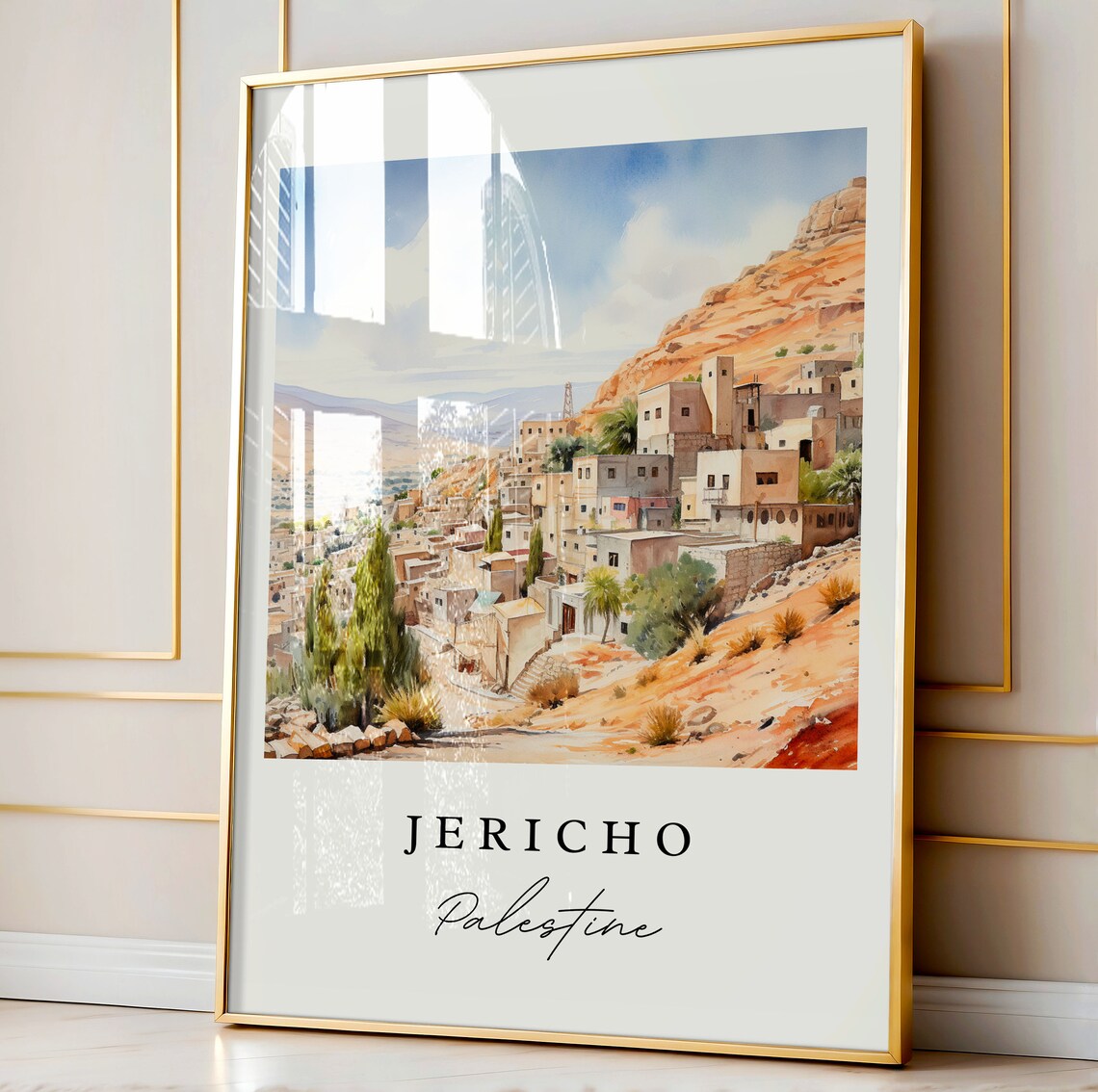Jericho Palestine Watercolor Hillside Town Desert Landscape Poster - Image 3