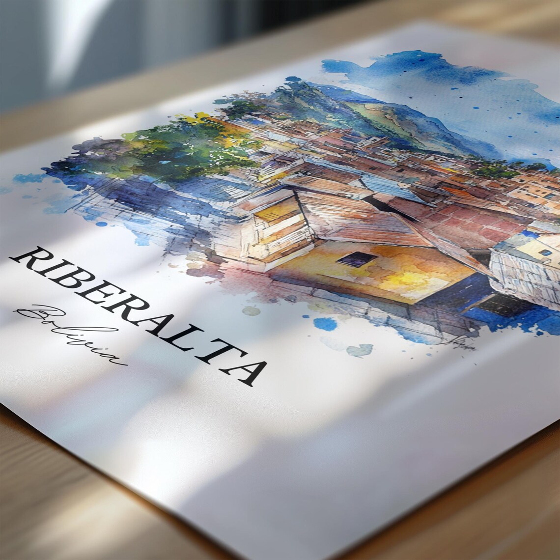 Riberalta Bolivia Watercolor Rustic Houses Hillside Town Poster - Image 6