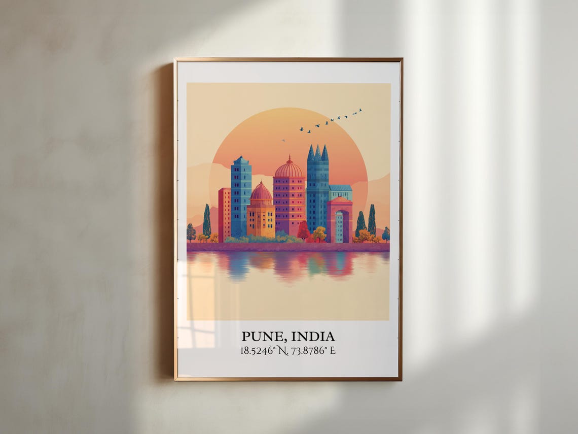 Pune India Sunset Skyline Water Reflection Colorful Travel Poster - Image 5