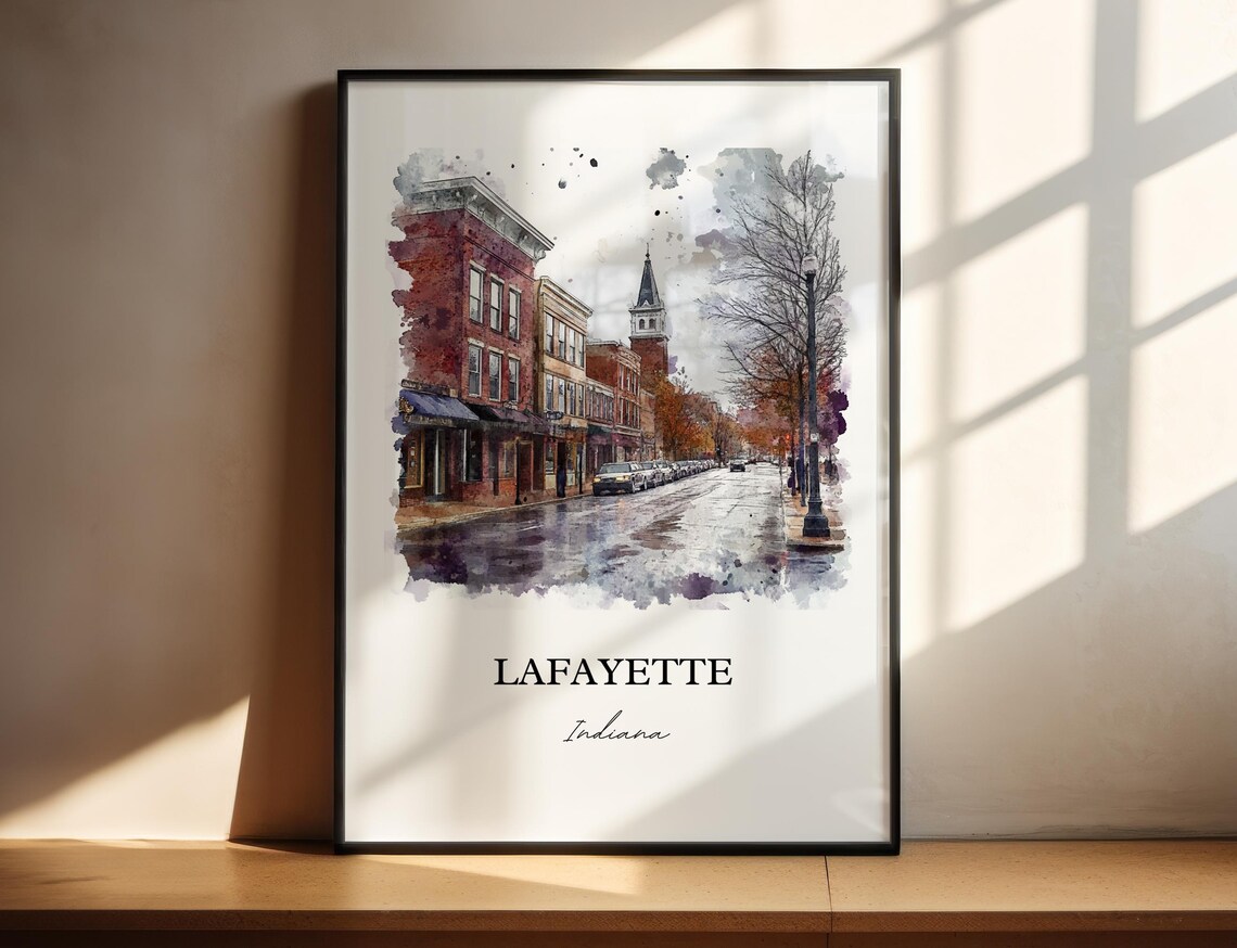 Lafayette Indiana Watercolor Travel Poster, Tippecanoe County
