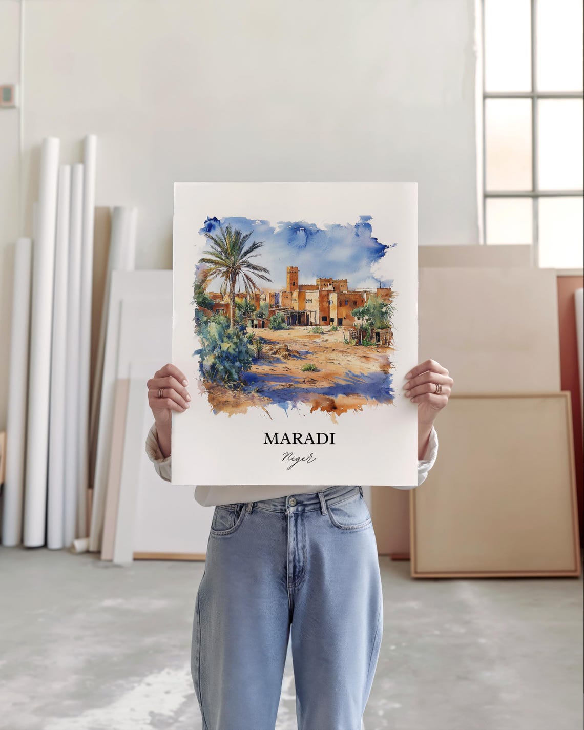Maradi Niger Desert Town Palm Oasis Watercolor Scene Art Poster - Image 5