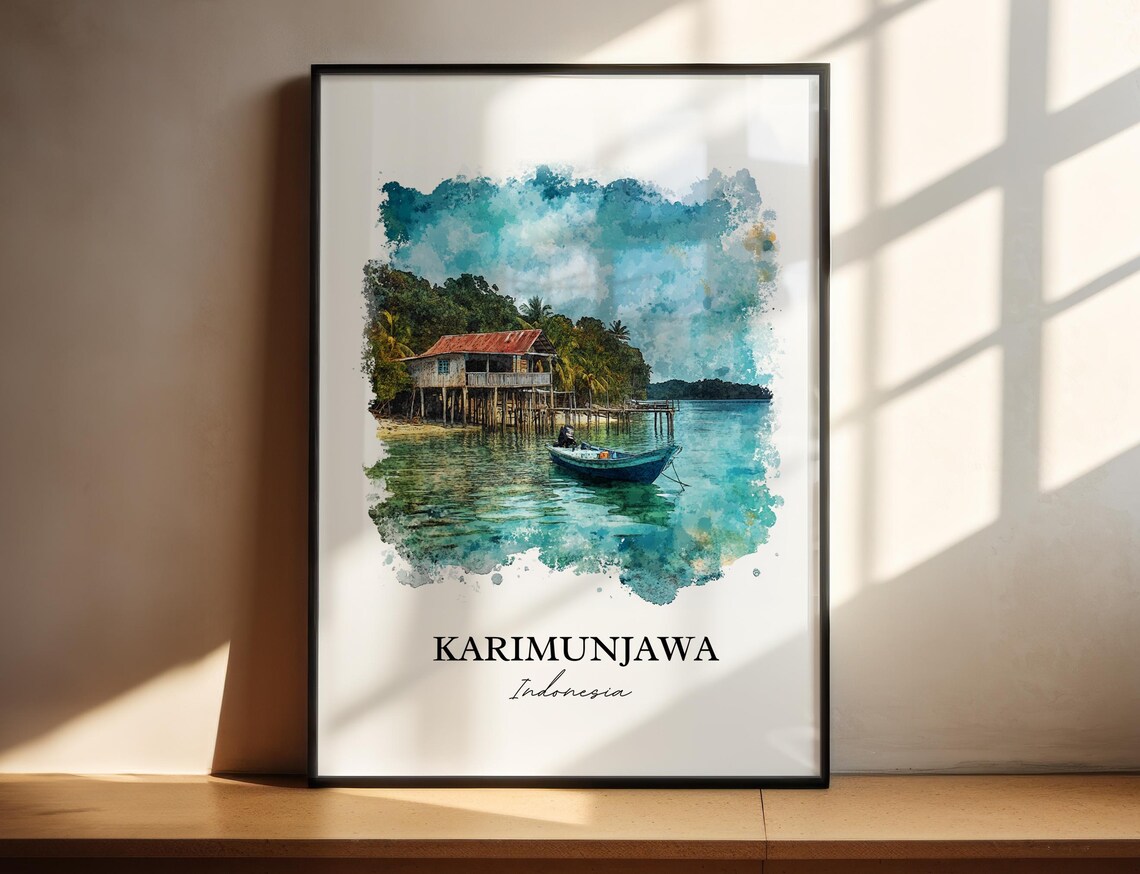 Karimunjawa Indonesia Watercolor Tropical Island Stilt House Poster