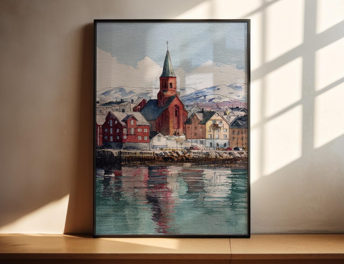 Tromso Norway Watercolor Red Church Harbor Arctic Town Travel Poster