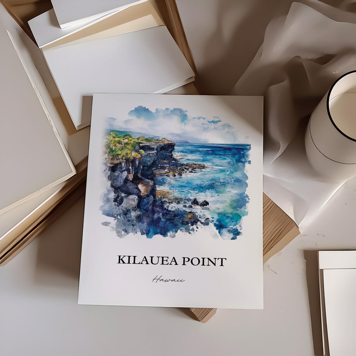 Kilauea Point Hawaii Rocky Sea Cliffs Crashing Waves Watercolor Poster - Image 4