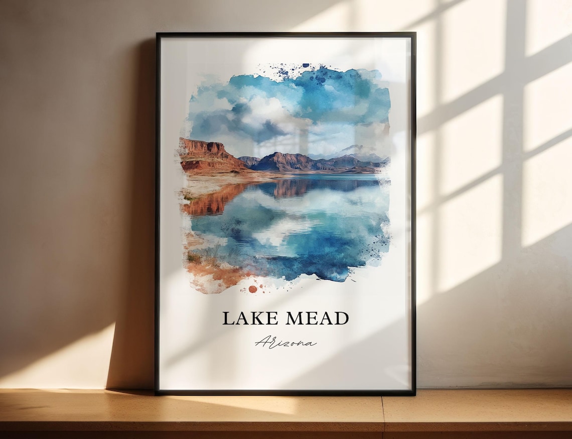 Lake Mead Arizona Red Rock Cliffs Desert Lake Watercolor Travel Poster