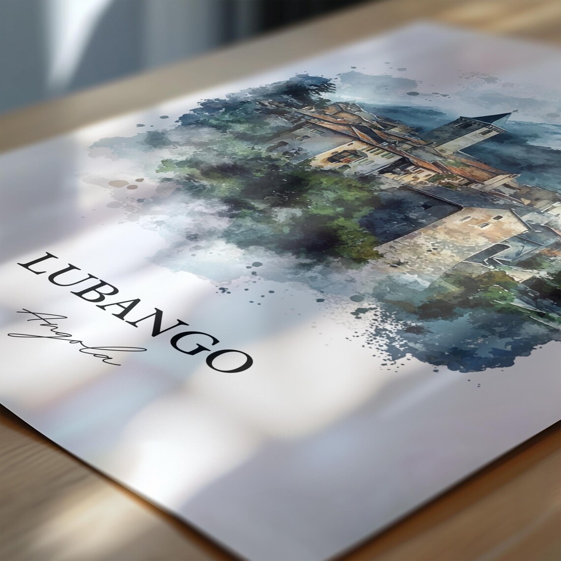 Lubango Angola Hillside Village Church Watercolor Travel Poster - Image 6