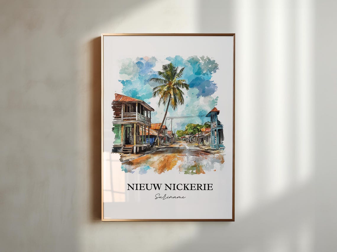 Nieuw Nickerie Suriname Watercolor Palm Lined Street Scene Poster - Image 6