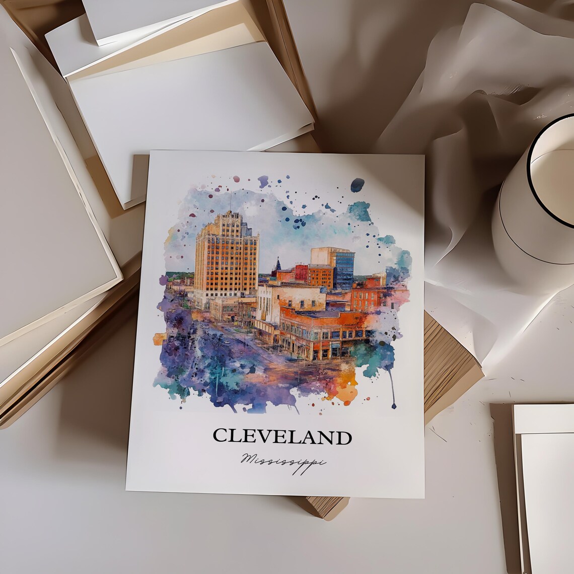Cleveland Mississippi Downtown Skyline Splash Watercolor Poster - Image 6