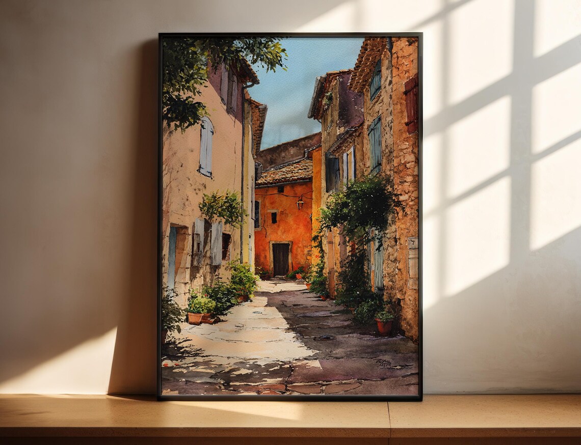 Sunlit Mediterranean Village Street Stone Houses Watercolor Wall Art