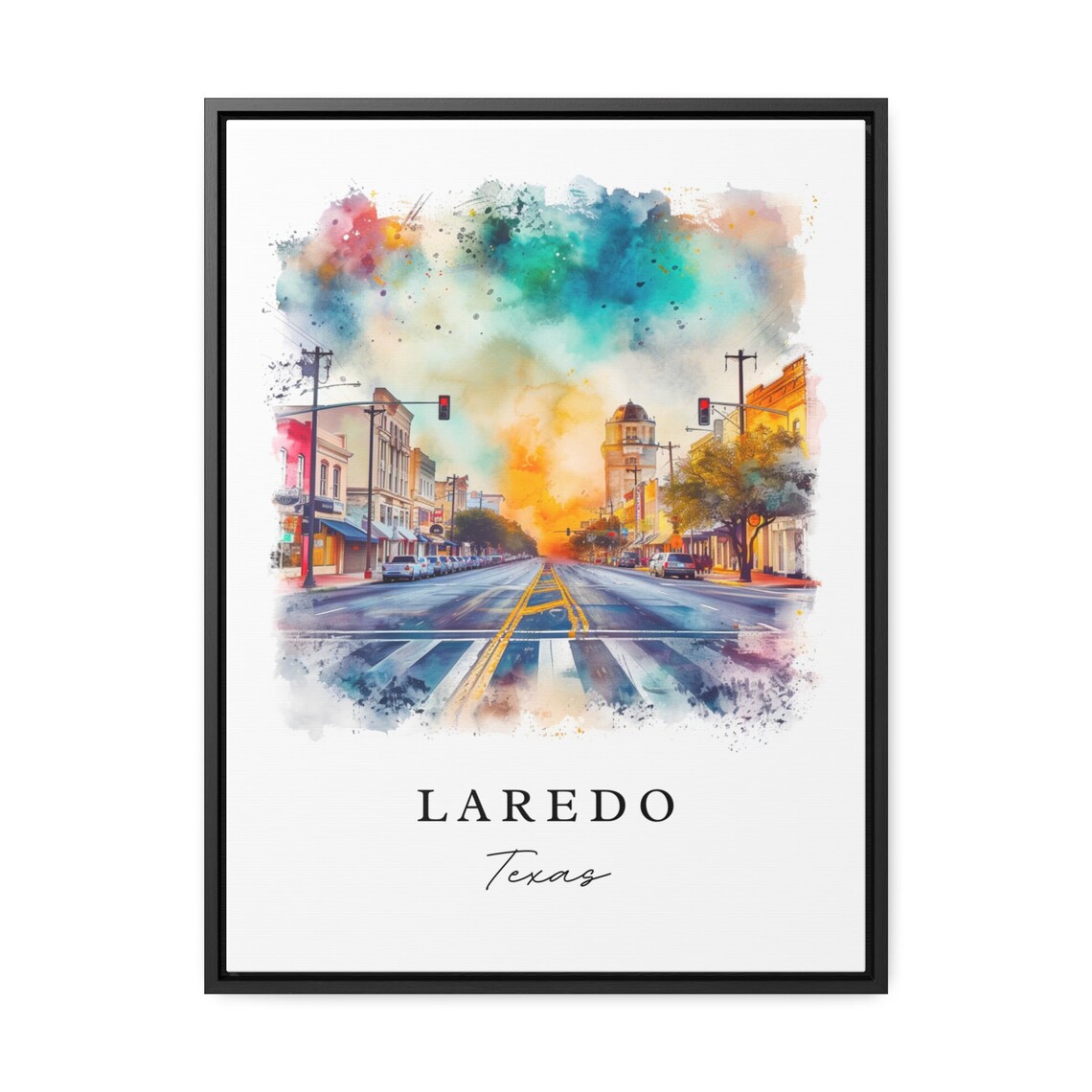 Laredo Texas Golden Downtown Street Clock Tower Watercolor Poster - Image 3