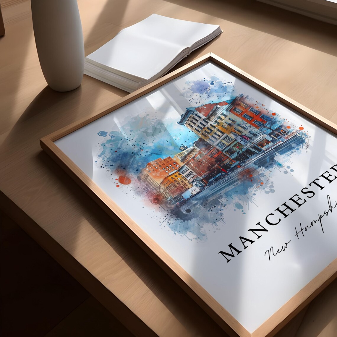 Manchester New Hampshire Downtown Brick Street Watercolor Poster - Image 5