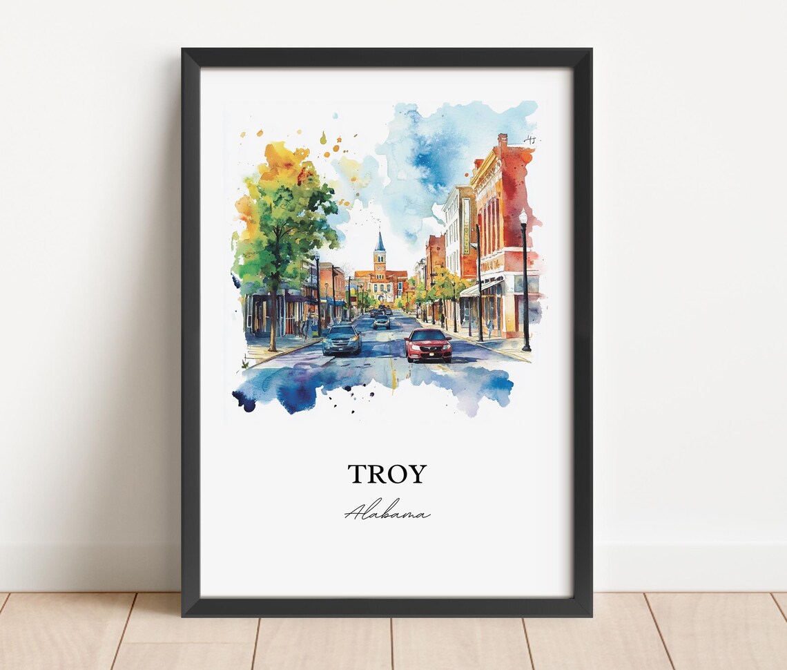 Troy Alabama Downtown Street Church Spire Watercolor Travel Poster - Image 2