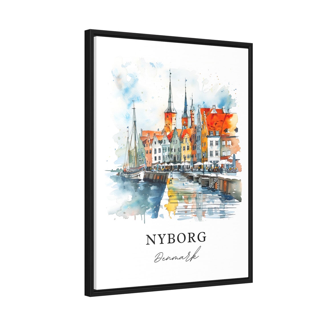 Nyborg Denmark Colorful Harbor Waterfront Watercolor Travel Poster - Image 2