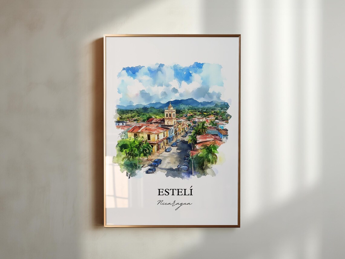 Esteli Nicaragua Colonial Town Church Tower Aerial Watercolor Poster - Image 5