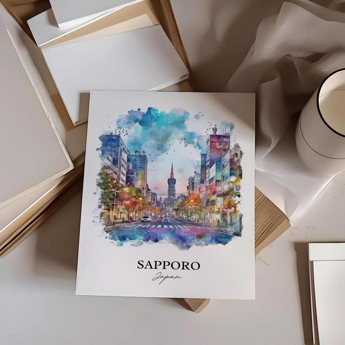 Sapporo Japan Watercolor City Street Tower Landmark View Poster - Image 3