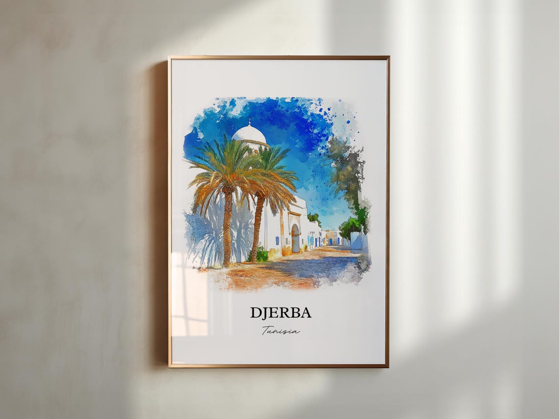 Djerba Tunisia White Mosque Palm Trees Watercolor Travel Poster - Image 5