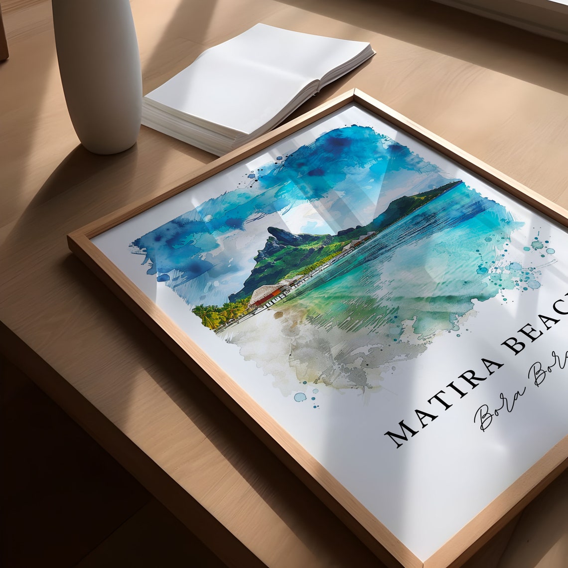 Matira Beach Bora Bora Peak Overwater Bungalows Watercolor Poster - Image 5