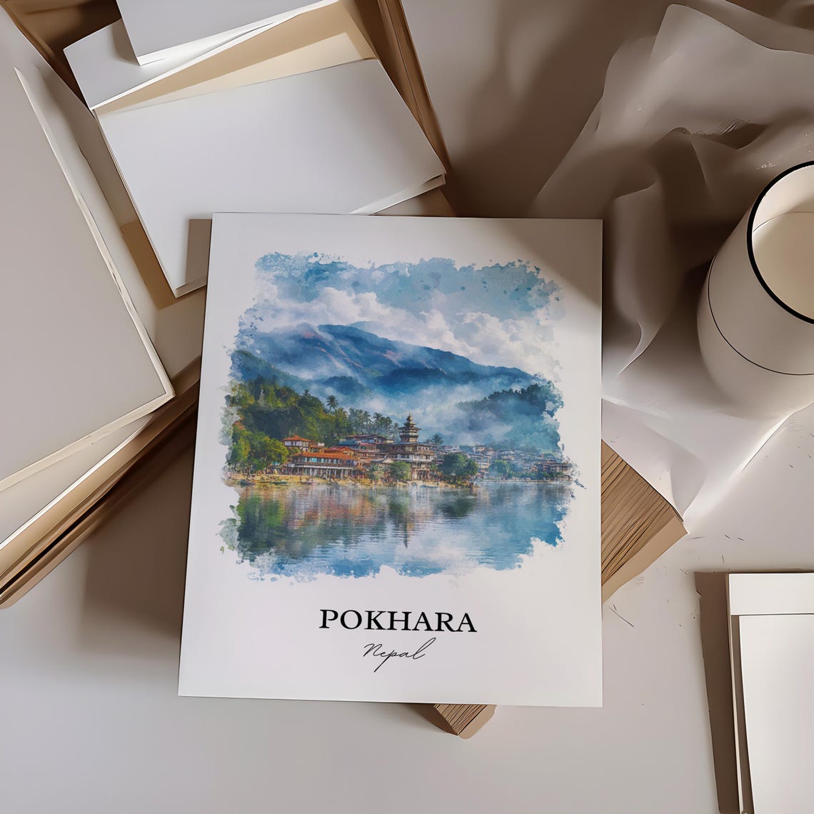 Pokhara Nepal Watercolor Lakeside Temple Mountain View Poster - Image 3