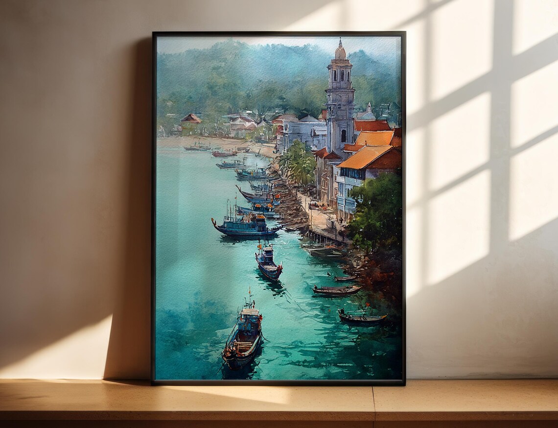 Coastal Fishing Town Boats Harbor Bell Tower Watercolor Wall Poster