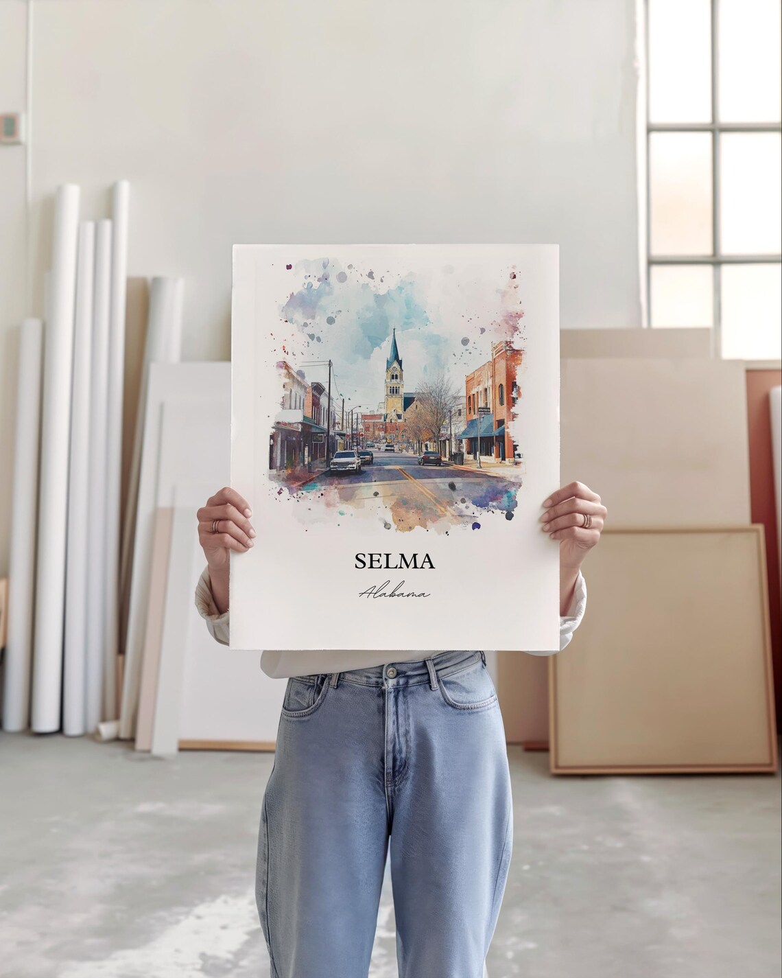 Selma Alabama Historic Downtown Main Street Watercolor Poster - Image 3